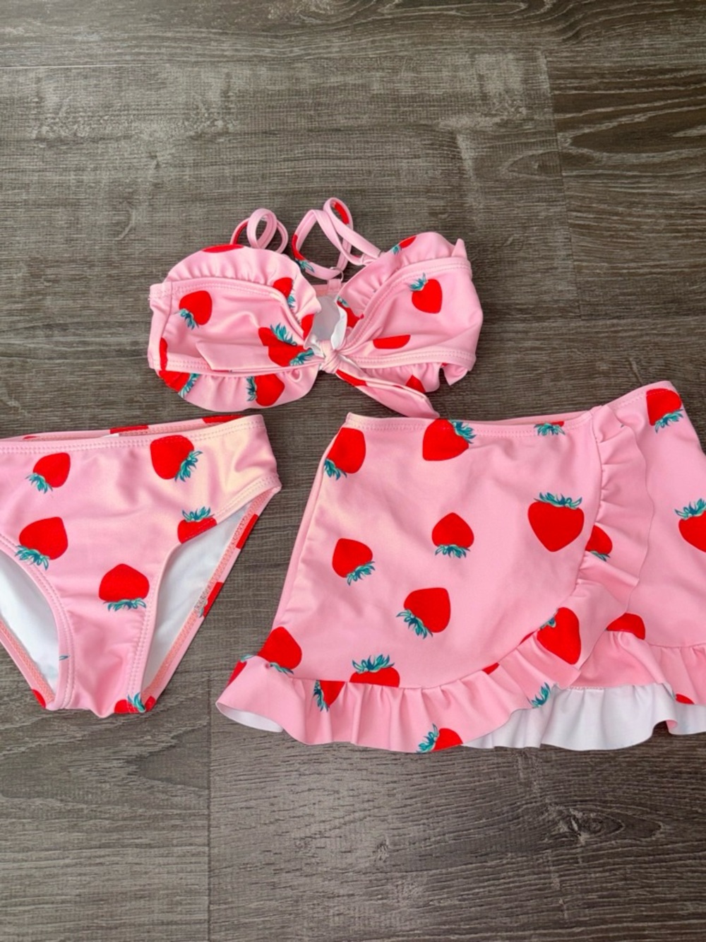 SHEIN Pink Strawberry Print Girls 3-Piece Bikini Set